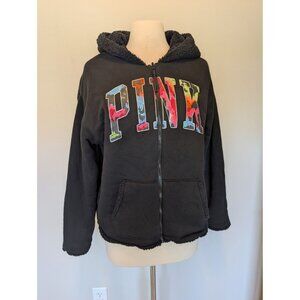 NEW VS PINK Reversible Sherpa-Lined Hoodie Black Multicolor Logo Medium